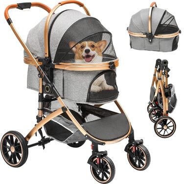 Візок для собак та котів 3 в 1 DWVO, до 22 кг, сірий, з переноскою та аксесуарами