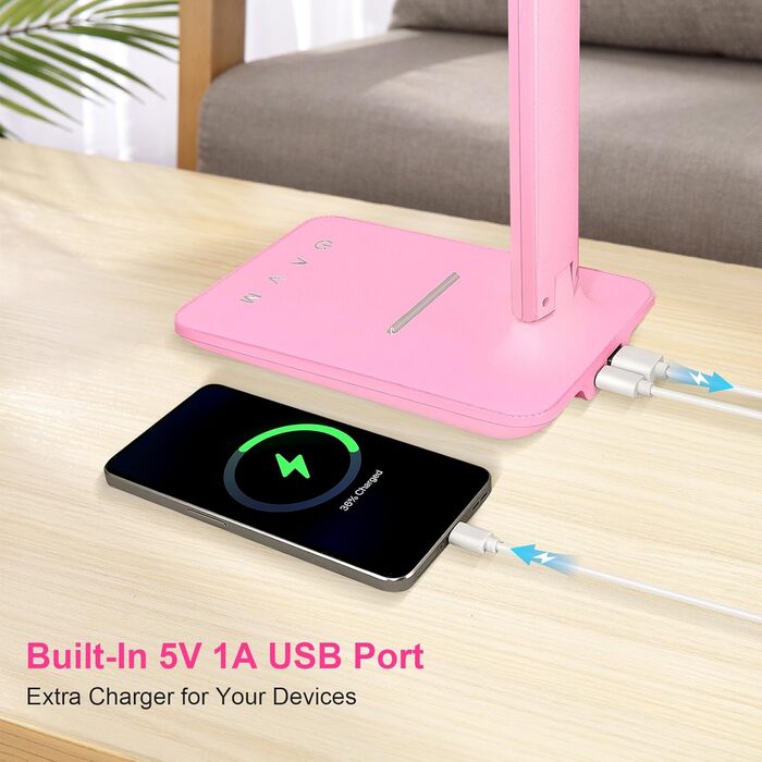 Стійка лампа Jumoking LED з регулюванням яскравості та захистом для очей, 5 кольорів, 5 рівнів яскравості, USB-порт для зарядки, сенсорне керування, для дітей, спальні, читання, офісу (Рожева)