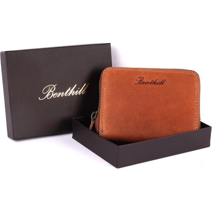 Benthill Wallet Women's Small Genuine Leather | Wallet with RFID Protection | Slim Flat Card Wallet with Zipper & 6 Card Slots, Color: Brown