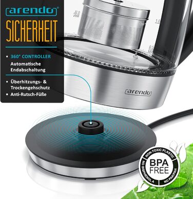 Електричний чайник Arendo зі скляною колбою, регулюванням температури, нержавіючою сталлю, LED-підсвічуванням, 2200 Вт, 1.8 л, 2 кришки (з та без сита для чаю), фільтр від накипу, функція підтримки тепла