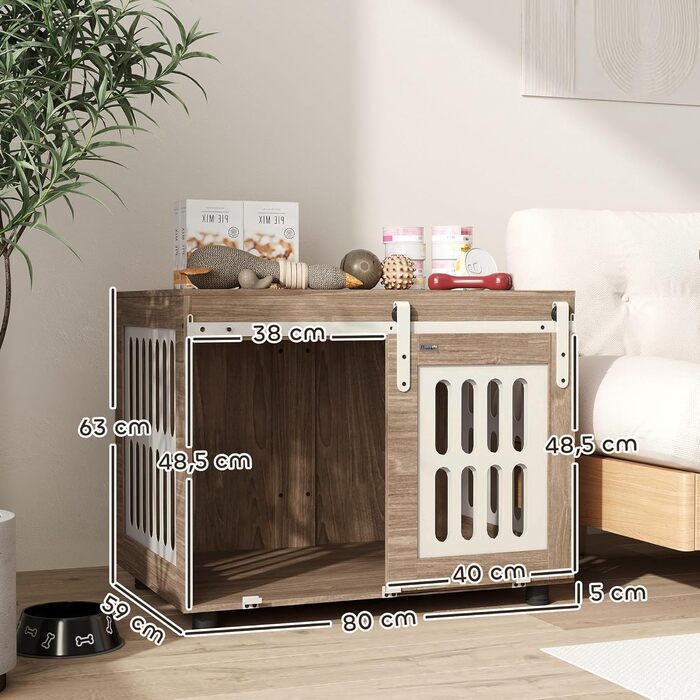 Клітка для собак PawHut з ковзними дверима, середнього розміру, з регульованим столиком, 80 x 59 x 63 см, горіхове дерево