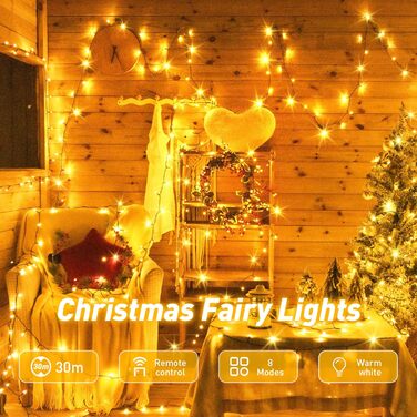 Ланцюжок прикрас 30м, 300 LED - гірлянда світлодіодна для дому та саду, 8 режимів, пульт, таймер, IP44, тепле світло, для вечірки, саду, весілля