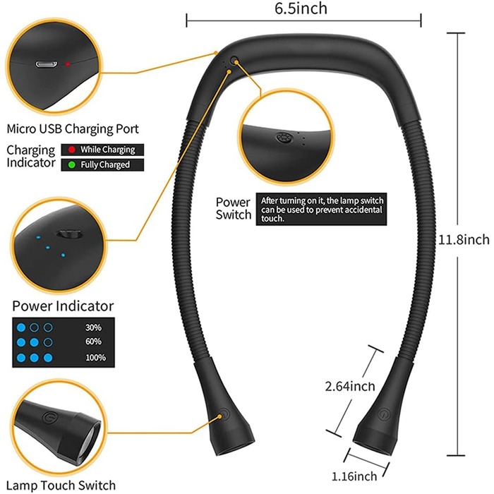 Ліхтарик для читання LED USB акумуляторний, диммер 3 режими, для рукоділля, ремонту, шиття, майстерні, риболовлі (Чорний, 2000mAh)