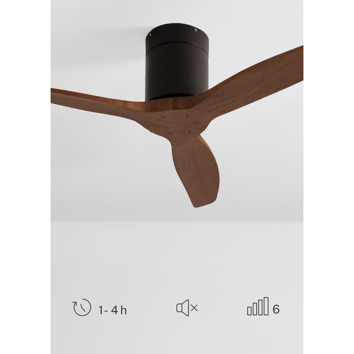 Вентилятор стельовий WINDCALM S з ABS-пластику з підсвічуванням, з пультом, 40W, тихий, Ø112cm, 6 швидкостей, 3 LED-температури, таймер, режим літо/зима (Чорний, імітація темного дерева, без світла + Wi-Fi)