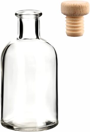 Gouveo 24-Piece Glass Bottles 100 ml Apothecary Design Round with Corks (HGK) - Small 0.1 l Glass Bottle for Liqueur, Oil, Vinegar, Decor (AFRT100HGK)