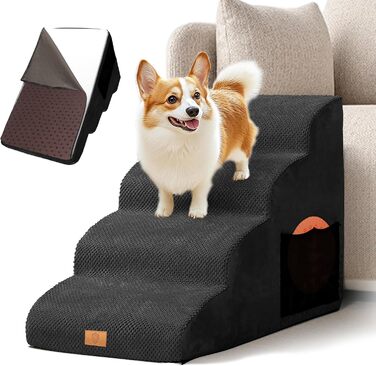 Masthome Dog Stairs for Small Dogs, 4 Steps Pet Stairs with Washable Cover, 52cm High Cat Stairs from Sponge for High Beds, Dog Ramp Ladder, Detachable, Black