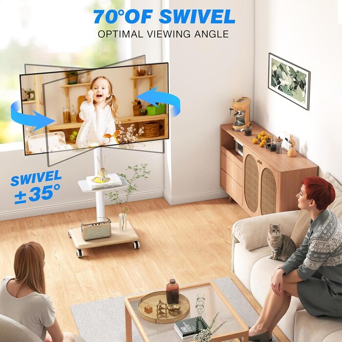 Мобільна тумба під телевізор з поличкою, поворотна, регульована по висоті, 27-60 дюймів, до 40 кг, VESA 400x400 мм (Бежевий)