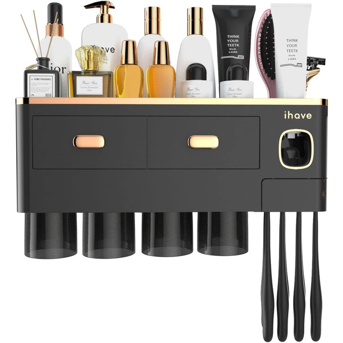 IHave Toothbrush Holder Wall-Mounted, Bathroom Toothbrush Holder with Toothpaste Dispenser, 3 Cup Toothbrush Holder with Drawer, Large Capacity Toothbrush Organizer Bathroom (4 Cups, Black Gold)