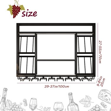 Настінна вітрина для вина з тримачем для келихів, 3-ярусна, металева вітрина в стилі рустік для напоїв, для домашнього бару, зберігання вина на кухні (Чорний, 100см)