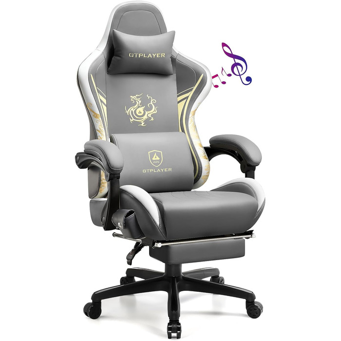 Ігрове крісло GTPLAYER Dragon Series з Bluetooth-колонками та підставкою для ніг, ергономічний комп'ютерний стілець сірий
