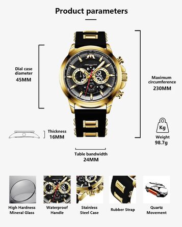 Чоловічий годинник MEGALITH Chronograph: Аналоговий водонепроникний годинник з датою та світосвітним покриттям. Великий кварцовий годинник - подарунок для спортивних чоловіків (A2-чорний)
