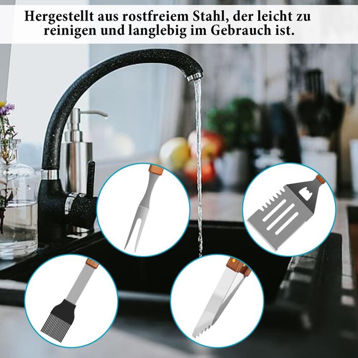Набір аксесуарів для гриля 4 шт. з високоякісним гриль-посудом (щипці, лопатка, виделка, щітка та сумка) для приготування їжі на задньому дворі, кемпінгу та відпочинку на природі. Ідеальний подарунок для чоловіків.