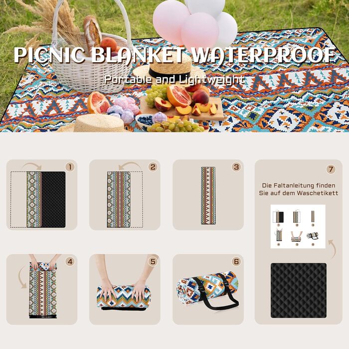 Килимок для пікніка SOMLAW вологостійкий, великий (200x200 см) для 4-6 осіб, з ручкою, Boho стиль, ідеальний для кемпінгу та пляжу