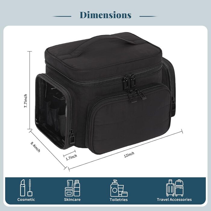 Косметичка для подорожей, велика, чорна: органайзер для макіяжу з відділенням для пензлів, дамська косметичка