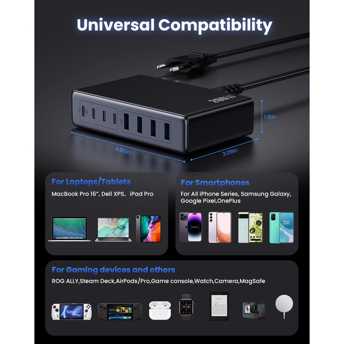 Мережевий адаптер USB-C 200W 8-в-1 GaN III з QC4.0, PPS, PD 65W для MacBook Pro/Air, iPad, iPhone, Samsung, Steam Deck, чорний