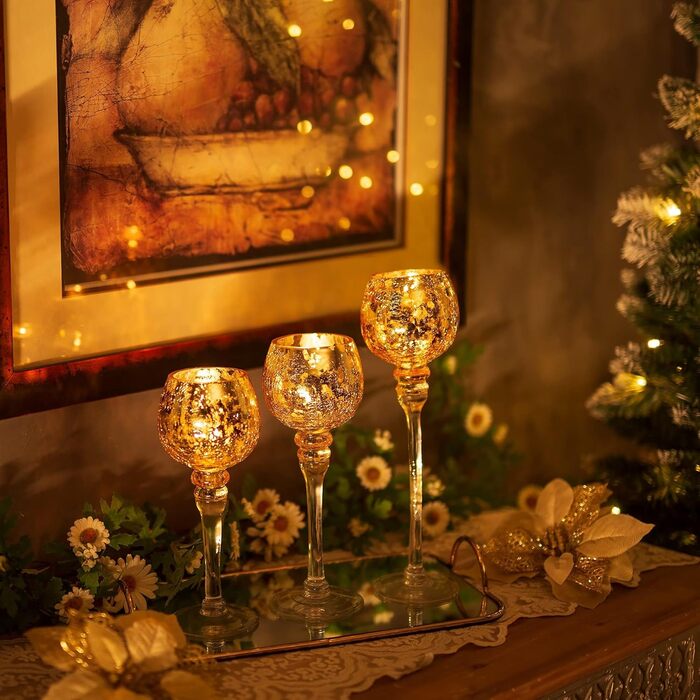 Romadedi Tealight Holder Candle Stand Glass - Lantern Tealight Holder Decoration Queck 3-Piece Set 23.5/25.5/31.5 cm for Tealights, Votive Candles, Pillar Candles, Living Room Table Decoration, Wedding (Gold)