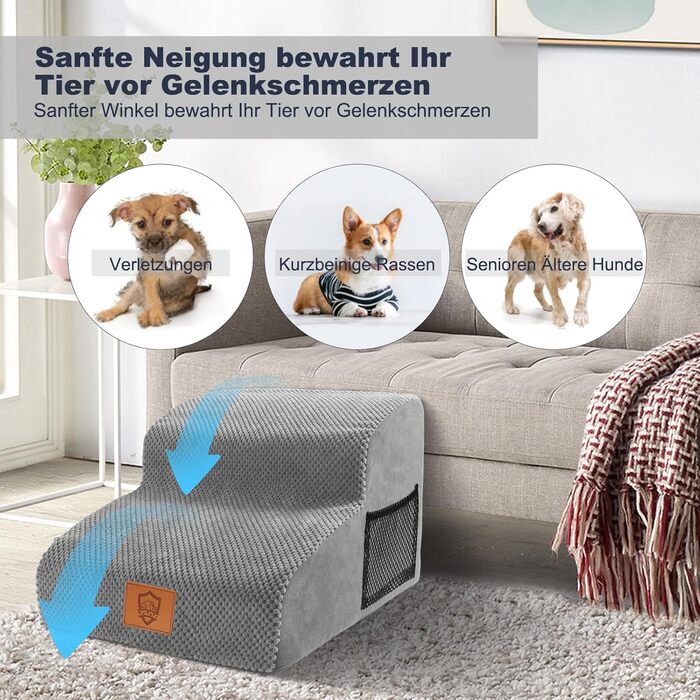 Masthome Dog Stairs for Small Dogs, 4 Steps Pet Stairs with Washable Cover, 52cm High Cat Stairs for High Beds, Dog Ramp Ladder, Removable, Black (Dog Stairs 2 Steps - Grey)