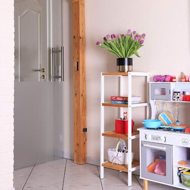 Dibea Bathroom Shelf with 4 Shelves, Living Room Shelf, Standing Shelf, Bamboo Shelf, Bathroom Shelf, Book Shelf, Corner Shelf, Kitchen Shelf, 33x33x98 cm, natural/white