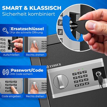 Електронний сейф KESSER® 35x25x25 см з батарейним відсіком, подвійним замком, світлодіодним освітленням, для дому та офісу, чорний