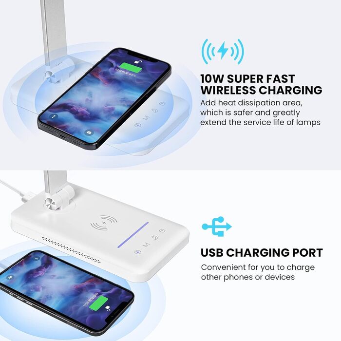 LED лампа настільна диммерна 560LM - офісна лампа з 5 режимами кольору та 10 рівнями яскравості, з нічним світлом, USB-портом, функцією пам'яті та таймером, 10W - білий (адаптер 24w - сріблястий)