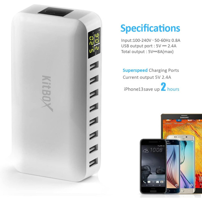 Зарядний пристрій USB 8 портів 5V/2A з індикатором для iPhone, Samsung, Xiaomi - мережевий адаптер для швидкої зарядки