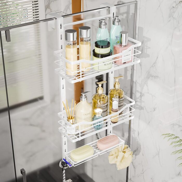 SWTYMIKI Adjustable Hanging Shower Shelf - No-Drill Shower Shelf for Glass Door, Stainless Steel Shower Shelf with Hooks and Soap Holder, Shampoo Holder for Shower, White
