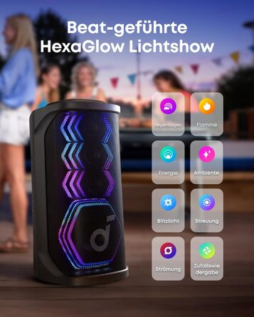 Soundcore PartyBox Rave 3S – портативна колонка з мікрофонами, 200 Вт, Bluetooth, світлодіодна підсвітка, AuraCast, 12 годин роботи, для дому та вулиці