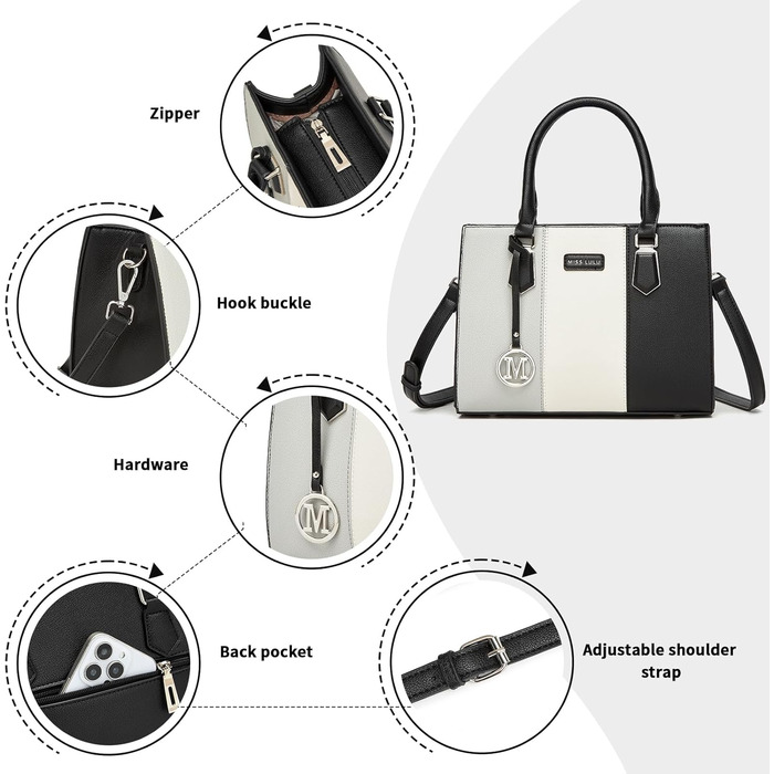 Сумка жіноча Miss Lulu середнього розміру з PU шкіри, сіра+чорна, з плечовим ремінцем для офісу, школи, подорожей та покупок