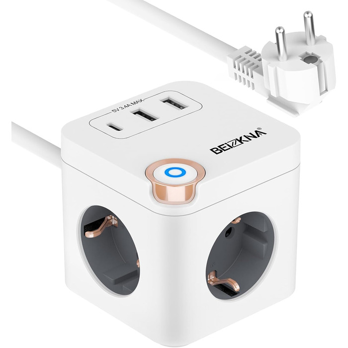 Мережевий концентратор з 4 USB-портами, настінний, 4 розетки, захист від перенапруги, 2 USB-C розетки, вимикач, 4000W, 16A, білий