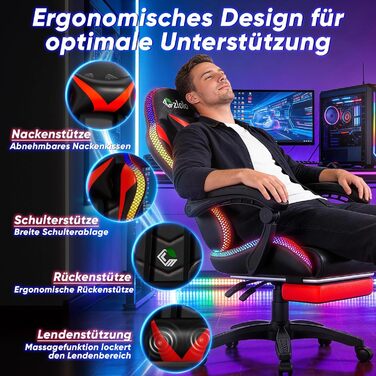 Геймерське крісло Czlolo RGB LED з підставкою для ніг, ергономічне офісне крісло для комп'ютера, блакитне (RGB-червоне)