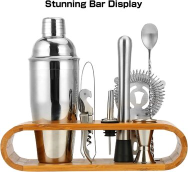 High-quality cocktail shaker set, cocktail mixing set, 10-piece, made of stainless steel, with bamboo storage, including cocktail shaker, jigger, strainer, muddler, bar spoon, ice tongs, bottle opener, and measuring tool.