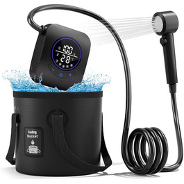 Митрікс Душ для кемпінгу портативний, 8000mAh з індикатором температури, 19 л, складаний відро, для кемпінгу, подорожей, саду, піших прогулянок, миття авто (чорний)