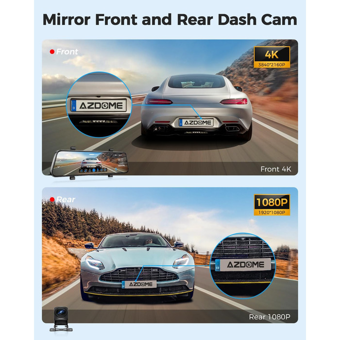 Dashcam AZDOME PG17 4K: Дзеркало заднього виду з відеозаписом, WiFi, GPS, нічне бачення, голосове керування, 64GB карта в комплекті