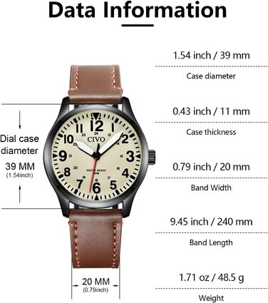 Чоловічий годинник CIVO: водостійкий, аналоговий кварц, великі цифри, світловий, військовий стиль, спортивний, для активного відпочинку, легкий у читанні, з шкіряним ремінцем, колір: коричневий