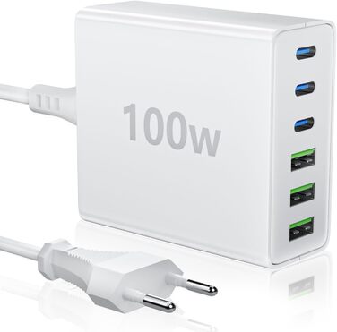 Мережевий зарядний пристрій HSSNS USB-C з 6 портами, 100W, для iPad, iPhone та смартфонів