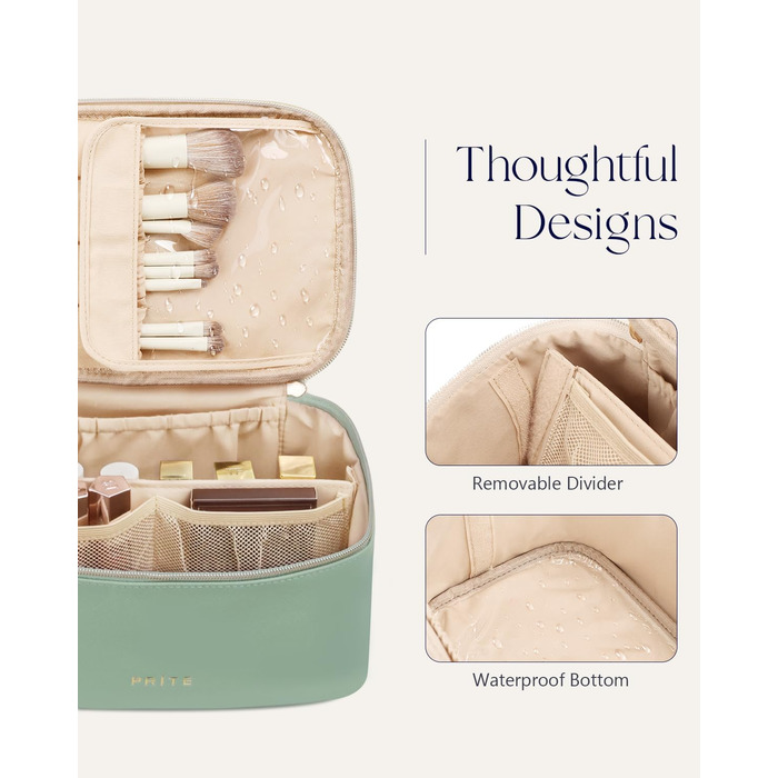 Велика косметичка для жінок, дорожня косметичка з водонепроникної шкіри, портативний косметичний мішечок або сумочка для макіяжу з ручкою та знімним роздільником (зелена)