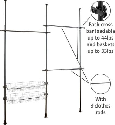 WENKO Telescopic System Hercules Duo, 3 Clothes Rails, 2 Storage Baskets, Extendable, Powder-Coated Metal, 164-215 x 165-300 x 38 cm, Matte Black