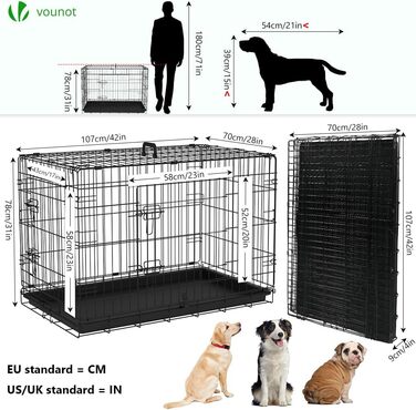 Клітка для собак VOUNOT, розкладний вольєр з кришкою, переноска для собак в авто, з подвійними дверцятами, 2 ручки для перенесення та знімний піддон, XXL 122x75x81 см, чорний. Розміри: 107x70x78 см (з кришкою), 122x75x81 см (без кришки)