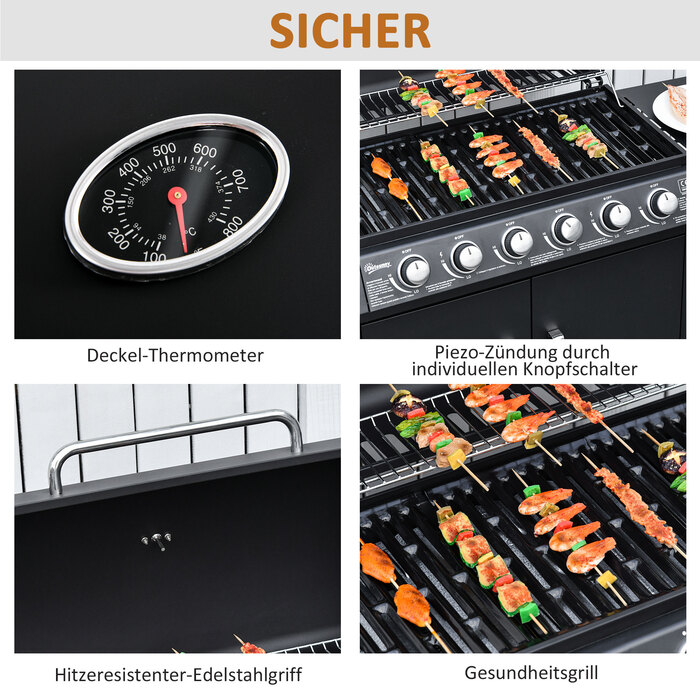 Газовий гриль Outsunny BBQ з візком, 6 конфорок, 1 бічна конфорка, шафка, багатофункціональний, метал, чорний, 135 x 50 x 100 см | Aosom