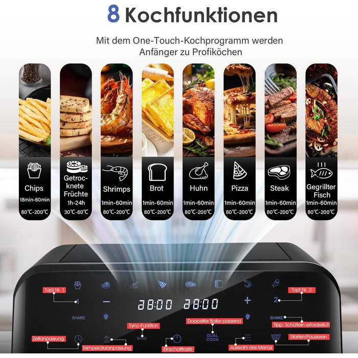 Фритюрниця повітряна 9L з цифровим LED-дисплеєм та сенсорним екраном, 10-в-1, без олії, здорове приготування їжі