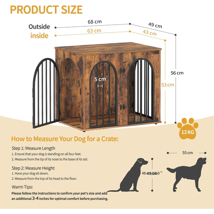 Клітка для собак Hzuaneri, 68x49x56 см, 3 двері, вінтажний колір, для дому, міцна, DFC85501B