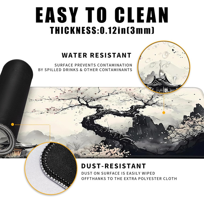 MiaVibte Килим-підкладка на стіл Riverside, великий розмір 80x30 см, для ігор та роботи, декор (Ink Kyoto)