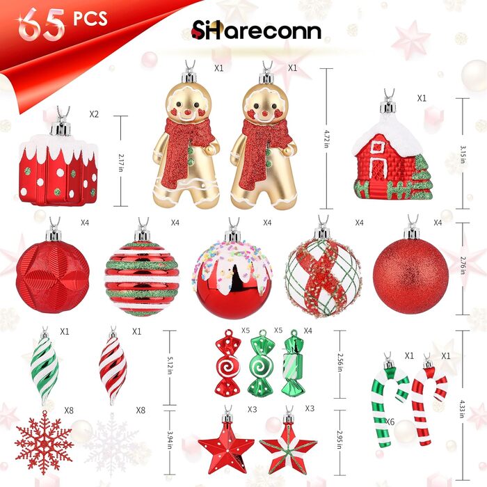 Набір прикрас на ялинку Shareconn 65 шт. з пластику, міцні ялинкові кулі з мотузкою, різного розміру та дизайну, декор для ялинки, червоний та білий (червоний, зелений, білий)