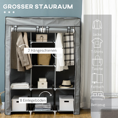 HOMCOM Fabric Closet with Hanging Rod, Folding Wardrobe 8 Tiers, Light Grey for Bedroom & Hallway