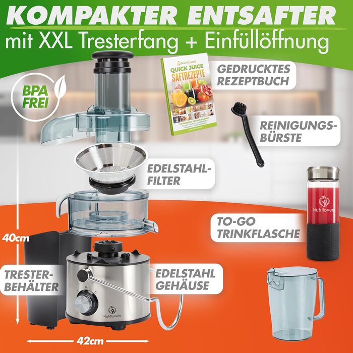 Центрифужна соковижималка Nutrilovers QUICK-JUICER MAX для овочів та фруктів, 800 Вт, XXL завантажувач, сталевий фільтр, зовнішній контейнер для м'якоті, BPA-free, з пляшкою та книгою рецептів