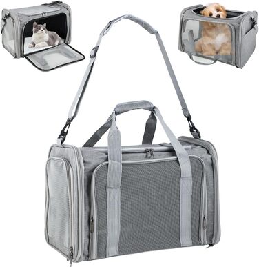 Транспортна сумка для тварин: складана переноска для кота та собаки, сірого кольору. Легка переноска з регульованим плечовим ременем, дихаюча переноска для подорожей та авто.