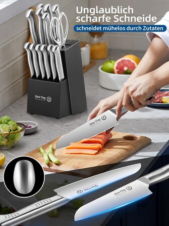 Набір кухонних ножів Qianying з блоком: 14 предметів. Набір ножів з підставкою, точилка, срібний колір. Кухонні ножі, подарунок для мами. Преміум якість.