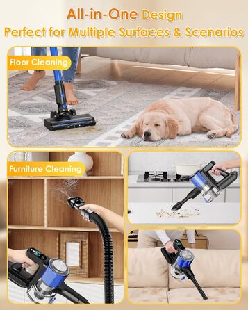 Бездротовий акумуляторний пилосос 50000Pa/500W з дисплеєм, 3 режими, антизаплутувальна щітка, док-станція, 1л, тихий, для шерсті тварин/килимів/підлоги/авто