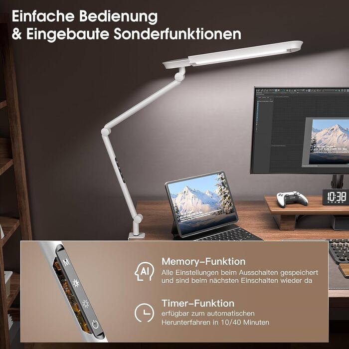 LED лампа настільна з кліпсою, 18W, 1100 люменів, для офісу та дому, без відблисків, захист очей, біла