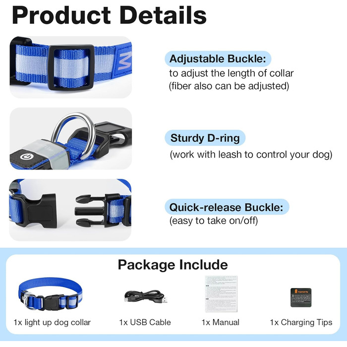 LED нашийник для собак з підзарядкою, вологостійкий світлодіодний нашийник, 7 кольорів, регульований для малих та великих собак, блакитний (L)